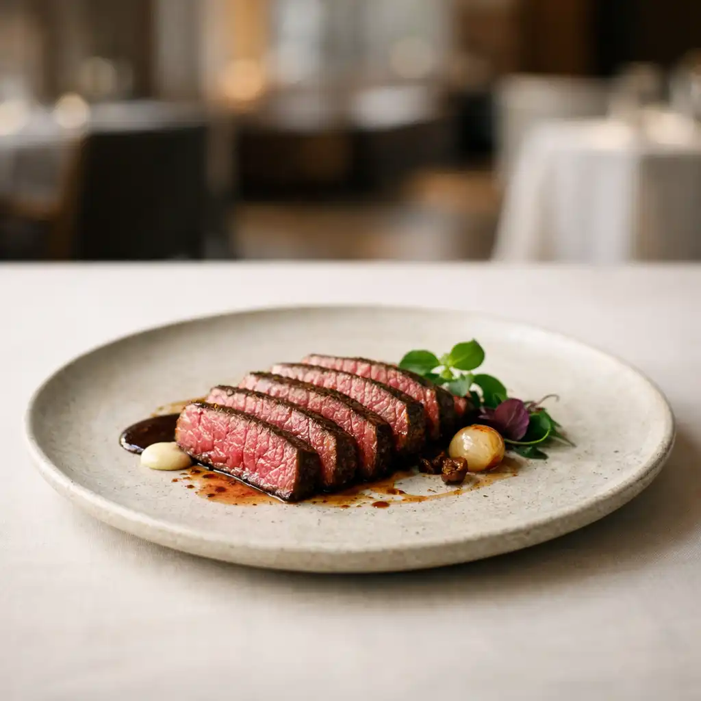 Luxusne servírovaný steak v elegantnej reštaurácii
